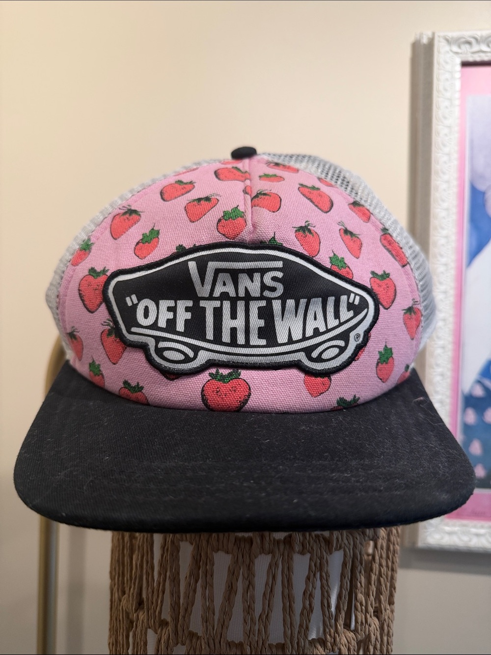 Vans Pink Strawberry Mesh Trucker Hat with Black Brim
